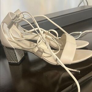Calvin Klein Ivory Tie-Strap Block Heel Sandals with Embellished Heel